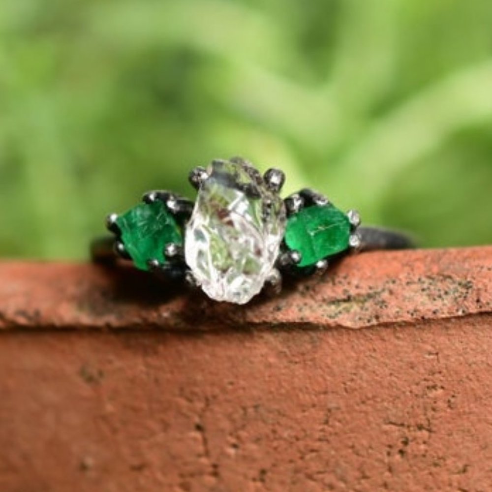 Rough cut emerald and Lake County diamond ring, handmade jewelry